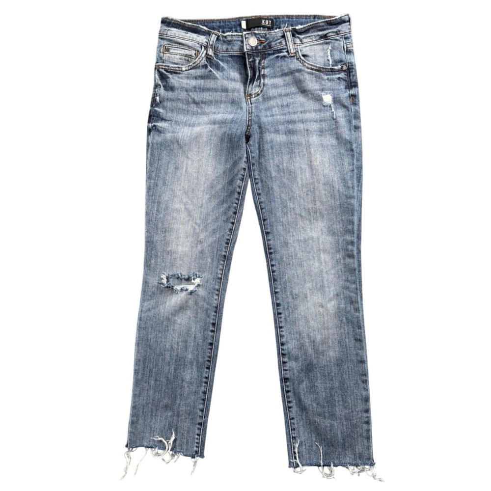 Kut from the Kloth Catherine Boyfriend Jeans Women 6 Blue Distressed Raw Hem